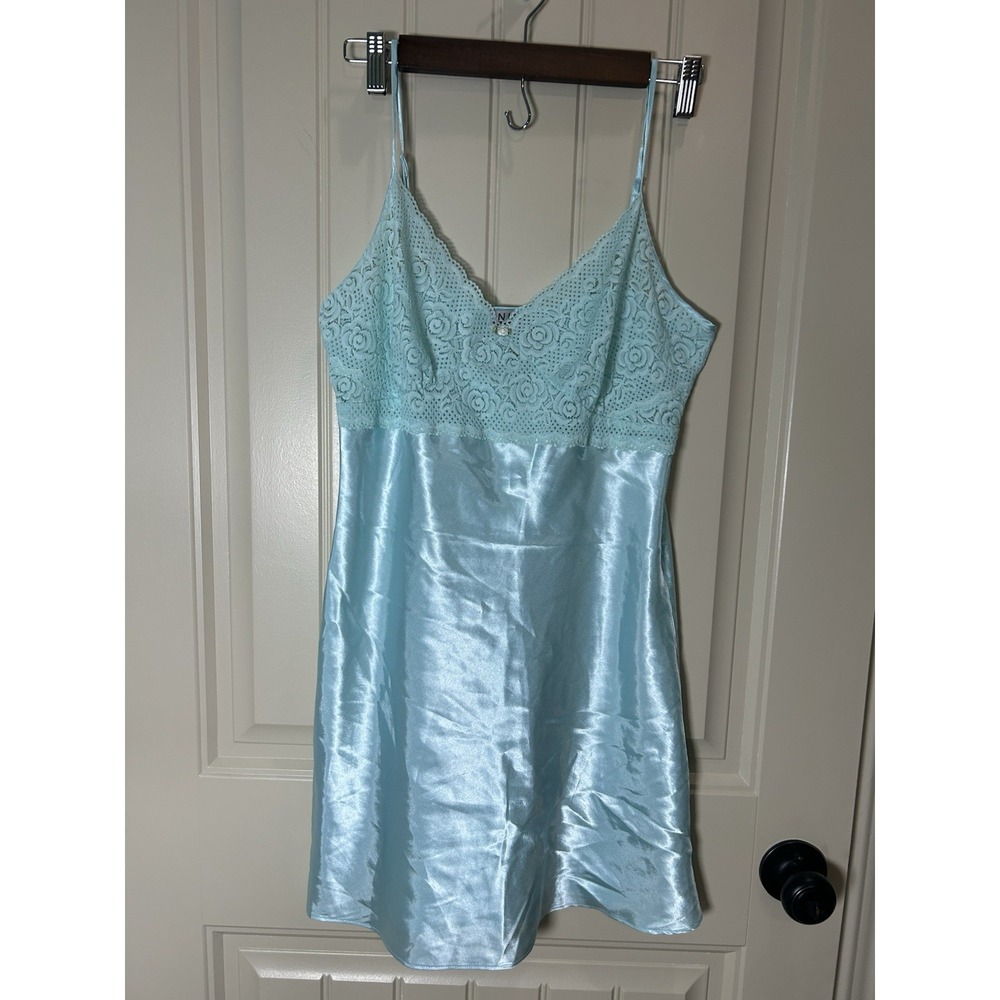 Nine & Co.Women Nightgown Satin Mini Dress Sz M Aqua Blue Coquette Babydoll Lace